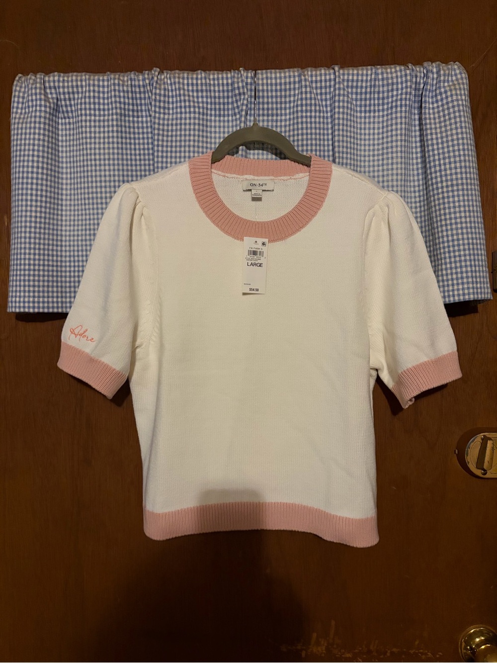 White & Pink Short Sleeve Knit Top - Large